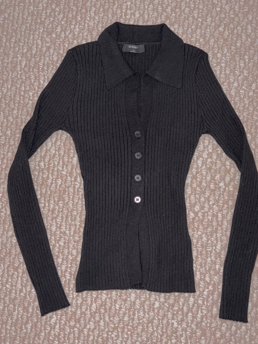 Black Ribbed Button-Front Collared Sweater